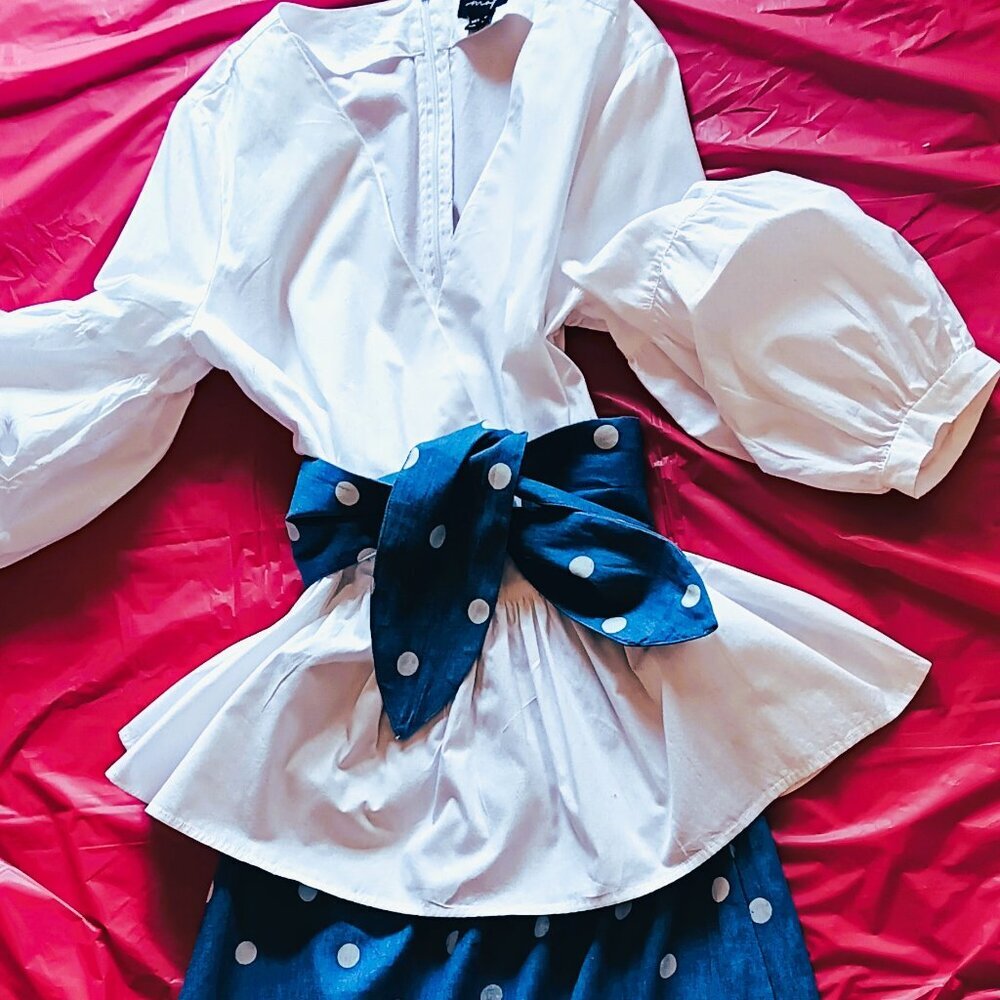 BLUE COTTON MIDI SASH BELTED POLKA DOT, SKIRT, S, W/WHITE PEPLUM COTTON BLOUSE